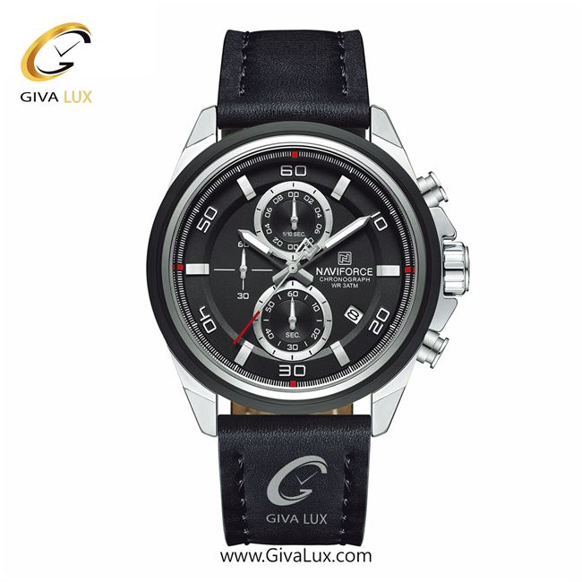 ساعت مچی اورجینال مردانه ناوی فورس|Naviforce|نوی فورس|نیوی فورس سه موتوره کرنوگراف نقره ای | مشکی| مشکی| کد رفرنس NF8075 S/B/B