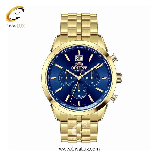 ساعت مچی اورجینال مردانه اورینت (کانتیننتال) | Orient (Continental) سه موتوره کرنوگراف طلایی | طلایی| آبی کاربنی| کد رفرنس 0125