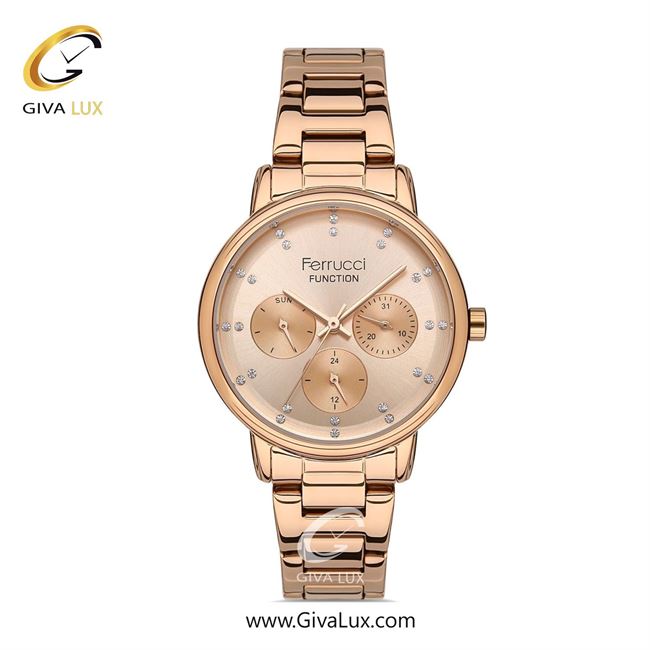 ساعت مچی اورجینال زنانه فروچی Ferrucci سه موتوره فول تایم رزگلد | رزگلد| رزگلد| کد رفرنس fcf.13377FM.04