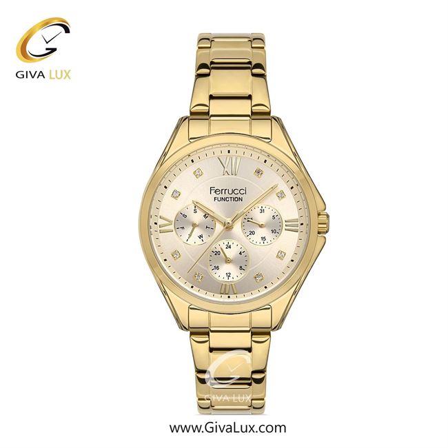 ساعت مچی اورجینال زنانه فروچی Ferrucci سه موتوره فول تایم طلایی | طلایی| طلایی| کد رفرنس fcf.13464FM.04