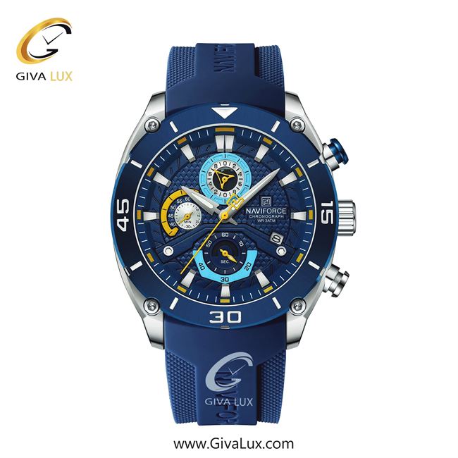 ساعت مچی اورجینال ناوی فورس اسپرت-مردانه سه موتوره کرنوگراف آبی کاربنی-نقره ای | آبی کاربنی | نقره ای-آبی کاربنی | کد رفرنس NF8038