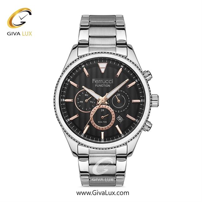 ساعت مچی اورجینال مردانه فروچی Ferrucci سه موتوره فول تایم نقره ای | نقره ای| مشکی| کد رفرنس fcf.13907FM.01