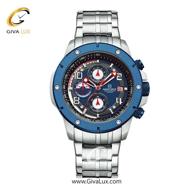 ساعت مچی اورجینال ناوی فورس مردانه سه موتوره کرنوگراف آبی-نقره ای | نقره ای | آبی | کد رفرنس NF8056-S/BE/S