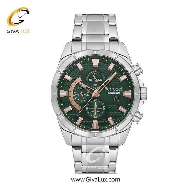 ساعت مچی اورجینال مردانه فروچی Ferrucci سه موتوره فول تایم نقره ای | نقره ای| سبز یشمی تیره| کد رفرنس FCF 14336FM.01