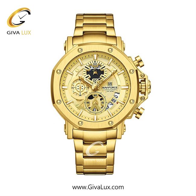 ساعت مچی اورجینال مردانه ناوی فورس|Naviforce|نوی فورس|نیوی فورس سه موتوره کرنوگراف طلایی | طلایی| طلایی| کد رفرنس NF8065 G/G/G