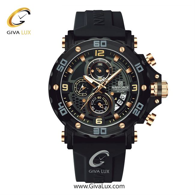 ساعت مچی اورجینال مردانه ناوی فورس|Naviforce|نوی فورس|نیوی فورس سه موتوره کرنوگراف مشکی | مشکی| مشکی| کد رفرنس NF7123 B/Y/B