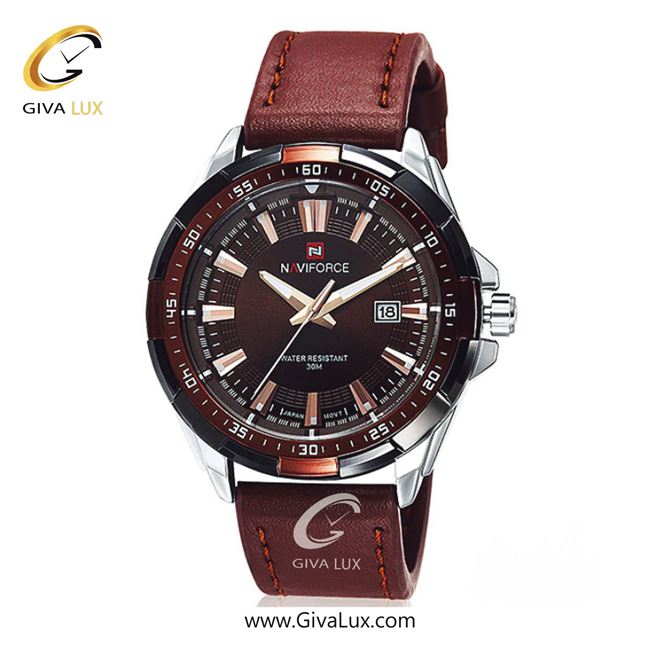 ساعت مچی مردانه بند چرمی ناوی فورس (نیوی فورس) قهوه ای-سیلور  NF9056