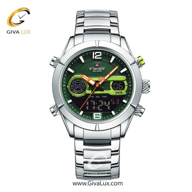 ساعت مچی اورجینال مردانه ناوی فورس|Naviforce|نوی فورس|نیوی فورس دو زمانه نقره ای | نقره ای| سبز| کد رفرنس NF9232 S/GN/S