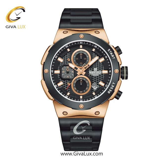 ساعت مچی اورجینال مردانه ناوی فورس|Naviforce|نوی فورس|نیوی فورس سه موتوره کرنوگراف رزگلد-مشکی | مشکی| مشکی| کد رفرنس NF8072 RG/B/B