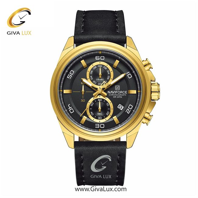 ساعت مچی اورجینال مردانه ناوی فورس|Naviforce|نوی فورس|نیوی فورس سه موتوره کرنوگراف طلایی | مشکی| مشکی| کد رفرنس NF8075 G/G/B