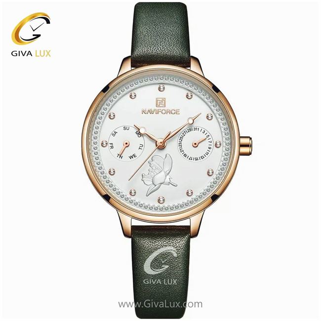 ساعت مچی اورجینال زنانه ناوی فورس|Naviforce|نوی فورس|نیوی فورس سه موتوره فول تایم رزگلد | سبز| سفید| کد رفرنس NF5003L