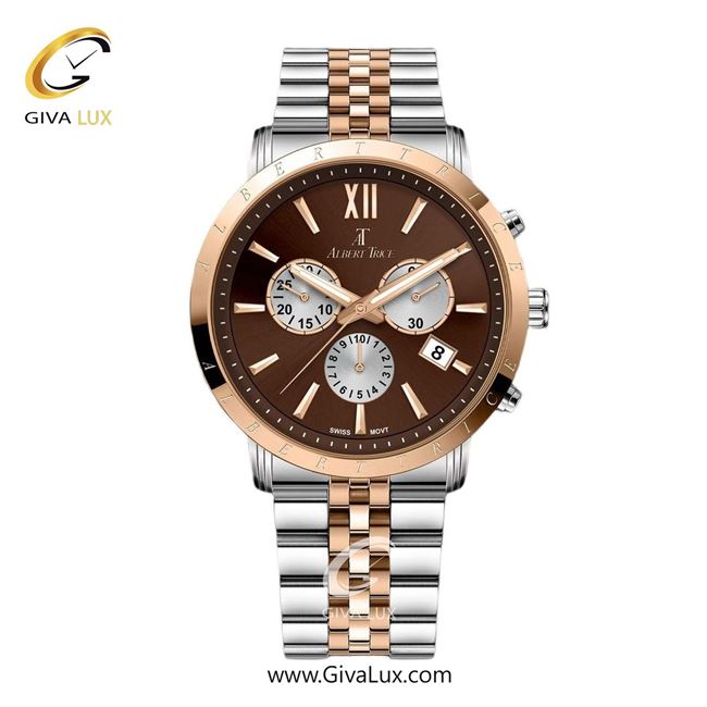 ساعت مچی اورجینال مردانه آلبرت ترایس سه موتوره کرنوگراف رزگلد | نقره ای-رزگلد| قهوه ای| کد رفرنس AT20309