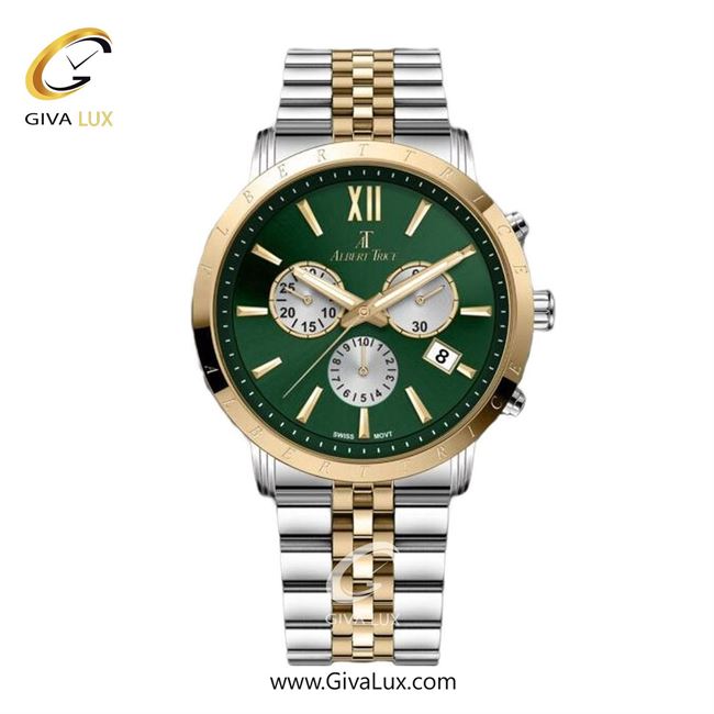 ساعت مچی اورجینال مردانه آلبرت ترایس سه موتوره کرنوگراف طلایی | طلایی-نقره ای| سبز یشمی تیره| کد رفرنس AT20309