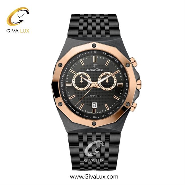 ساعت مچی اورجینال مردانه آلبرت ترایس سه موتوره کرنوگراف رزگلد | مشکی| مشکی| کد رفرنس AT20321