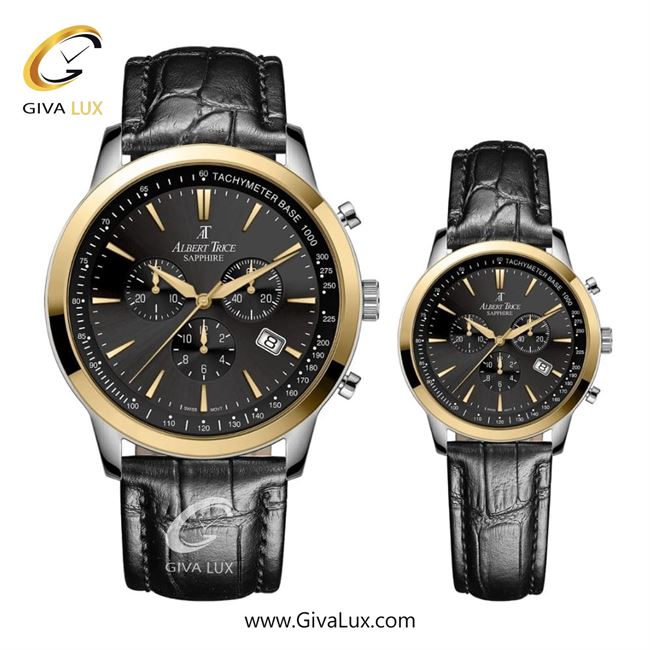 ساعت مچی اورجینال ست آلبرت ترایس سه موتوره کرنوگراف طلایی | مشکی| مشکی| کد رفرنس زنانه:AT20346 ، مردانه:AT20345