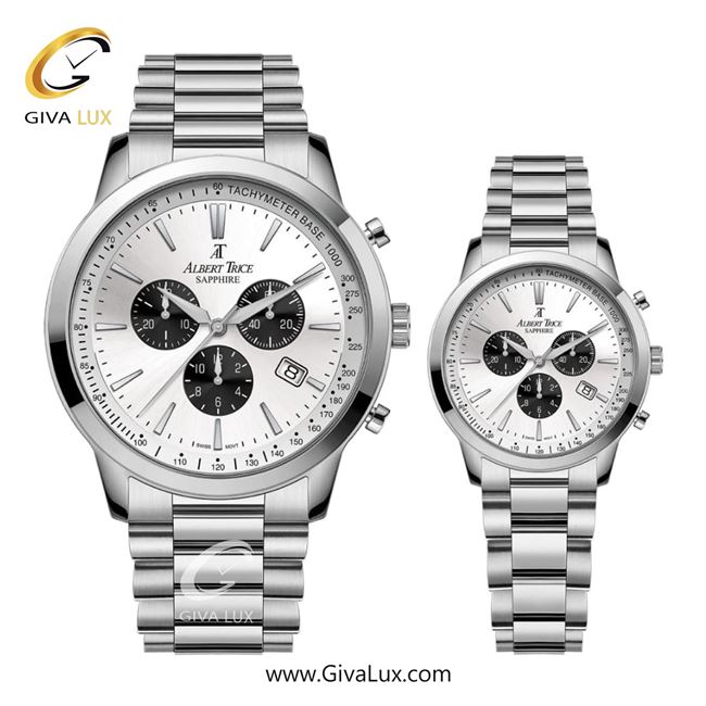 ساعت مچی اورجینال مردانه آلبرت ترایس سه موتوره کرنوگراف نقره ای | نقره ای| نقره ای| کد رفرنس زنانه:AT20348 ، مردانه:AT20347