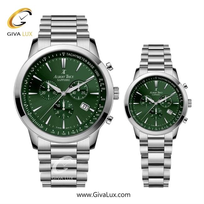ساعت مچی اورجینال مردانه آلبرت ترایس سه موتوره کرنوگراف نقره ای | نقره ای| سبز| کد رفرنس زنانه:AT20348 ، مردانه:AT20347