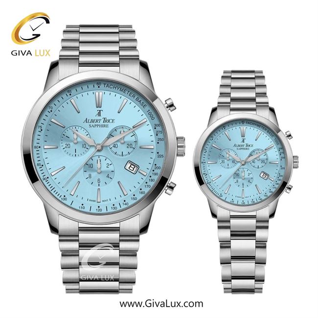 ساعت مچی اورجینال مردانه آلبرت ترایس سه موتوره کرنوگراف نقره ای | نقره ای| آبی| کد رفرنس زنانه:AT20348 ، مردانه:AT20347