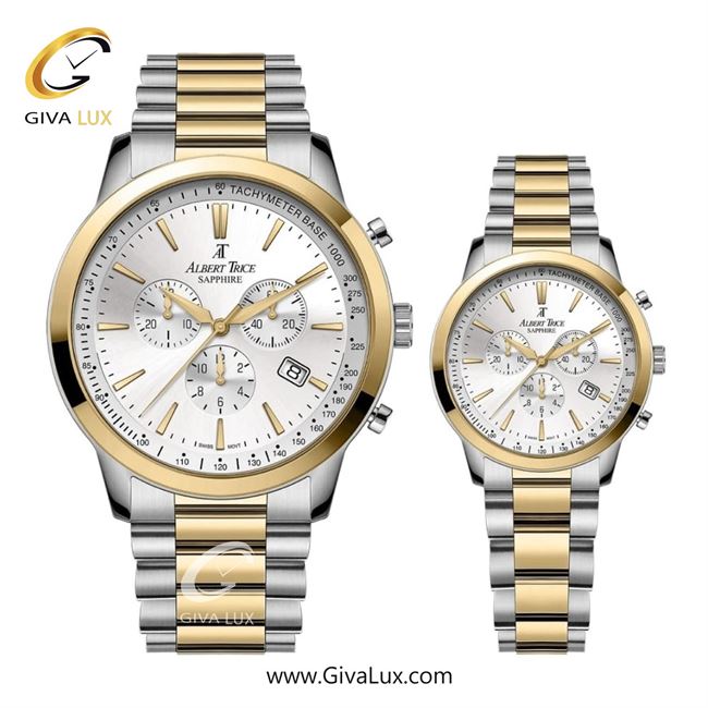 ساعت مچی اورجینال مردانه آلبرت ترایس سه موتوره کرنوگراف نقره ای | طلایی-نقره ای| نقره ای| کد رفرنس زنانه:AT20348 ، مردانه:AT20347