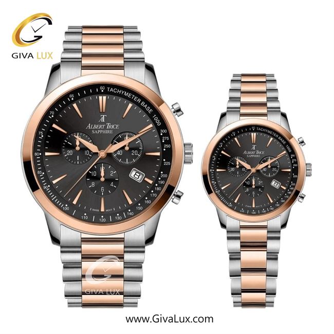 ساعت مچی اورجینال مردانه آلبرت ترایس سه موتوره کرنوگراف رزگلد | نقره ای-رزگلد| مشکی| کد رفرنس زنانه:AT20348 ، مردانه:AT20347