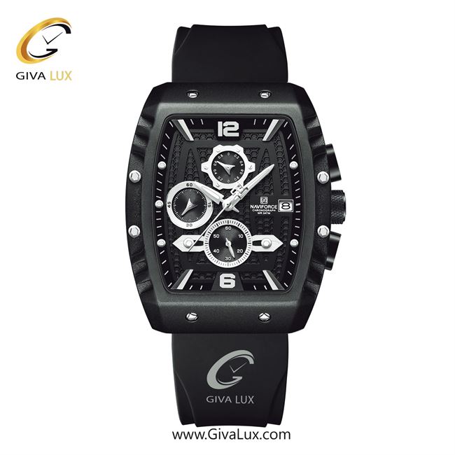 ساعت مچی اورجینال ناوی فورس مردانه سه موتوره کرنوگراف مشکی | مشکی | سفید-مشکی | کد رفرنس NF8025-B/W/B