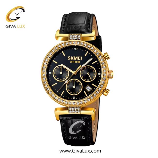 ساعت مچی اورجینال زنانه اسکمی (Skmei) سه موتوره کرنوگراف طلایی | مشکی| مشکی| کد رفرنس 2089