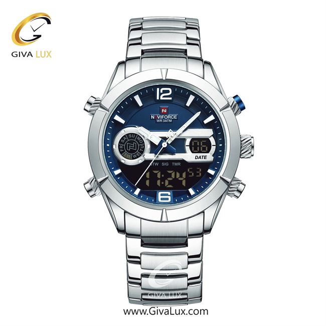 ساعت مچی اورجینال مردانه ناوی فورس|Naviforce|نوی فورس|نیوی فورس دو زمانه نقره ای | نقره ای| آبی| کد رفرنس NF9232 S/BE/S