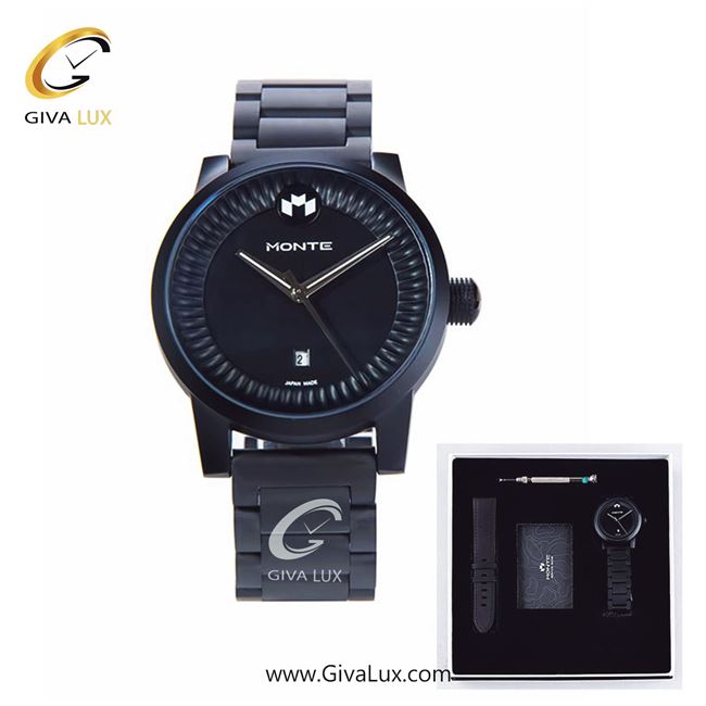 پک کادویی ساعت مچی مردانه بند استیل مشکی مونته با بند اضافه چرمی M751340 JBB