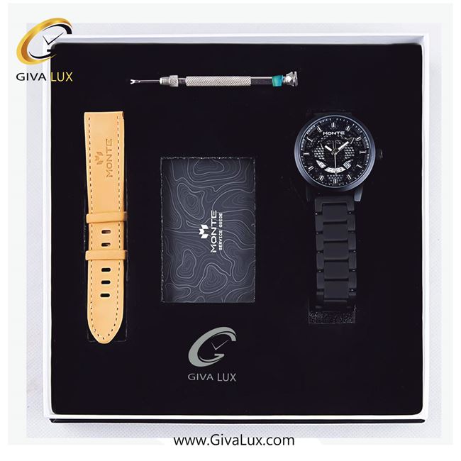 پک کادویی ساعت مچی مردانه بند استیل مشکی مونته با بند اضافه چرمی M751340 JBRB 22115-3.jpg