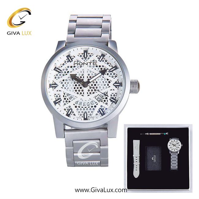 پک کادویی ساعت مچی مردانه بند استیل نقره ای مونته با بند اضافه چرمی طوسی M751340 GRAYW