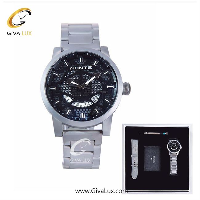 پک کادویی ساعت مچی مردانه بند استیل مونته با بند اضافه چرمی M751340 GRAYB