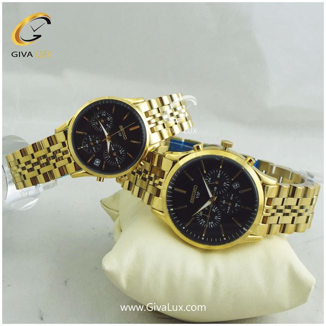 ست ساعت مچی  سه موتوره کرنوگراف فول استیل طلایی سیکو	