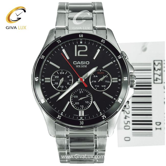 ساعت مچی اورجینال مردانه کاسیو Casio سه موتوره فول تایم نقره ای | نقره ای| مشکی| کد رفرنس MTP-1374D-1AVDF