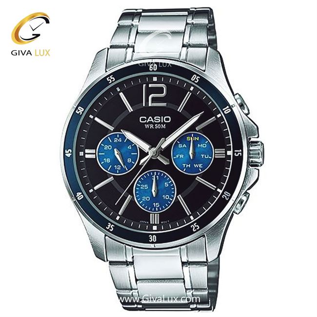 ساعت مچی اورجینال مردانه کاسیو Casio سه موتوره فول تایم نقره ای | نقره ای| آبی| کد رفرنس MTP-1374D-2AVDF