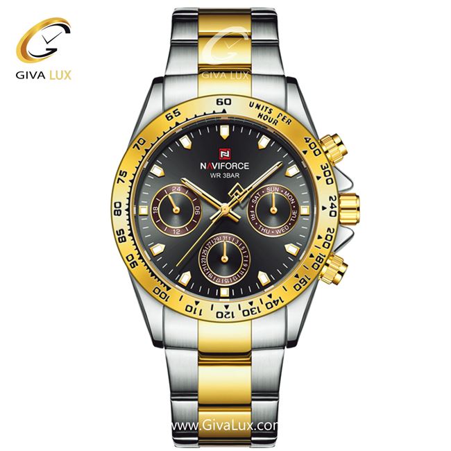 ساعت مچی اورجینال مردانه ناوی فورس|Naviforce|نوی فورس|نیوی فورس سه موتوره فول تایم طلایی | نقره ای| مشکی| کد رفرنس NF9193