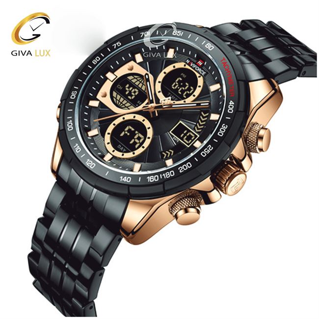 ساعت مچی اورجینال مردانه ناوی فورس|Naviforce|نوی فورس|نیوی فورس دو زمانه رزگلد | مشکی| مشکی| کد رفرنس NF9197S