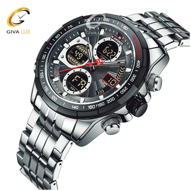 ساعت مچی اورجینال مردانه ناوی فورس|Naviforce|نوی فورس|نیوی فورس دو زمانه نقره ای | نقره ای| مشکی| کد رفرنس NF9197S