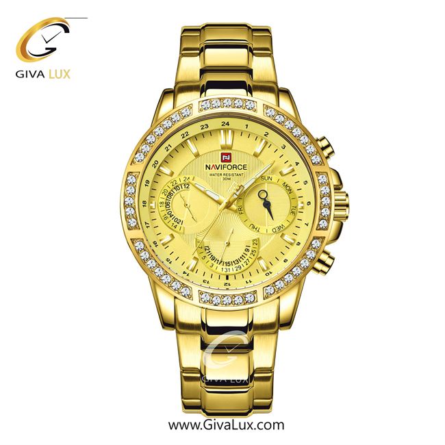 ساعت مچی زنانه بند فلزی طلایی ناوی فورس (نیوی فورس) کد NF9196-G/G/G