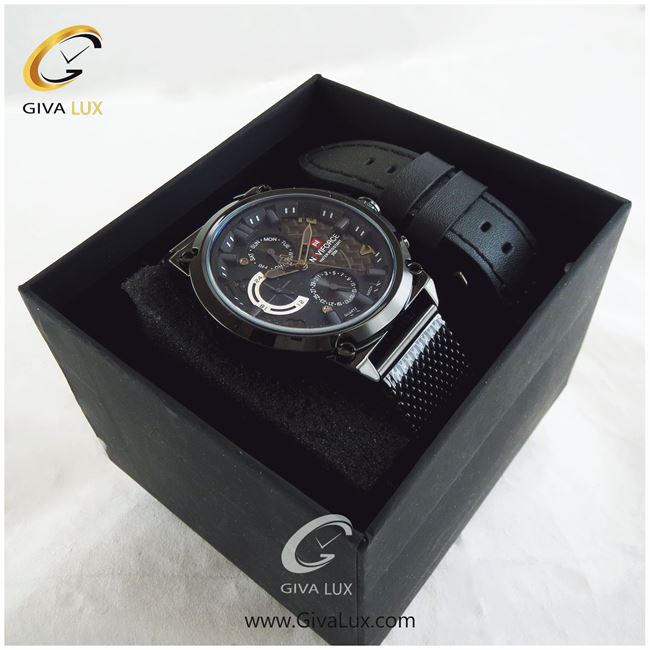 پک ساعت مچی مردانه فول تایم بند حصیری استیل با بند چرمی اضافه مدل NF9068