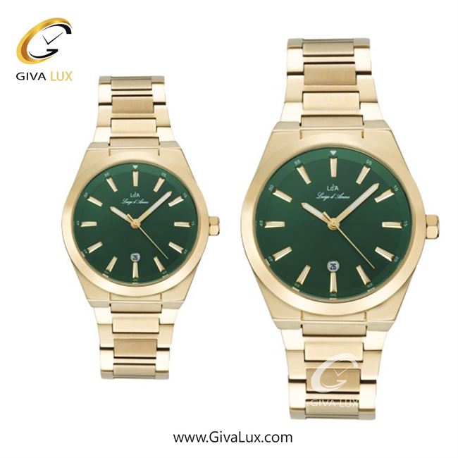 ساعت مچی اورجینال ست LdA طلایی | طلایی| سبز| کد رفرنس مردانه: 2459 ، زنانه: 2460