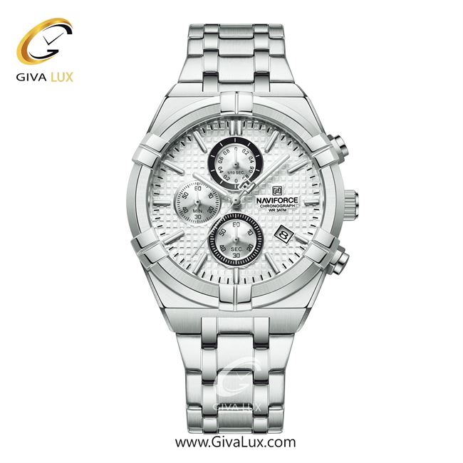 ساعت مچی اورجینال ناوی فورس مردانه سه موتوره کرنوگراف نقره ای | نقره ای | نقره ای | کد رفرنس NF8042-S/W/G