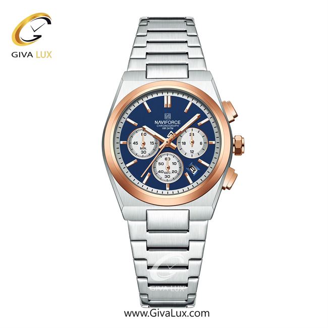 ساعت مچی اورجینال ناوی فورس زنانه سه موتوره کرنوگراف نقره ای-رزگلد | نقره ای | آبی | کد رفرنس NF8048-S/BE/RG