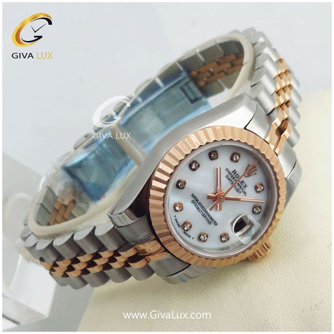 ساعت مچی زنانه فول استیل رولکس مدل دیت جاست رزگلد | رزگلد| سفید صدفی|