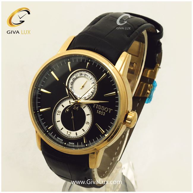 ساعت مردانه فول تایم تیسوت با بند مشکی و قاب طلایی