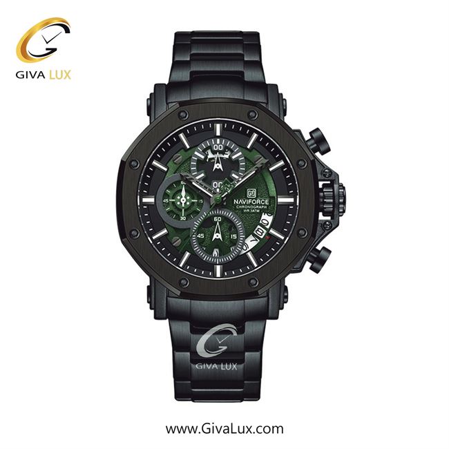 ساعت مچی اورجینال مردانه ناوی فورس|Naviforce|نوی فورس|نیوی فورس سه موتوره کرنوگراف مشکی | مشکی| سبز| کد رفرنس NF8065 B/GN/B