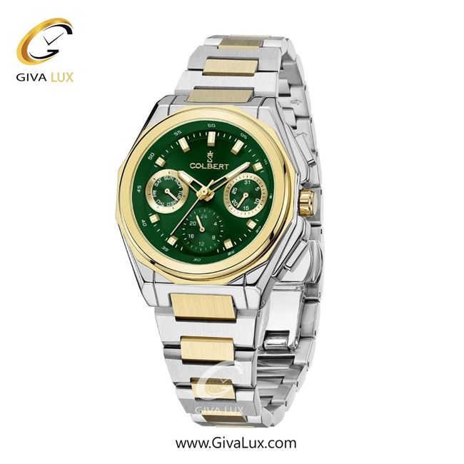 ساعت مچی اورجینال زنانه کلبرت COLBERT سه موتوره فول تایم طلایی | نقره ای-طلایی| سبز یشمی تیره| کد رفرنس  0287L