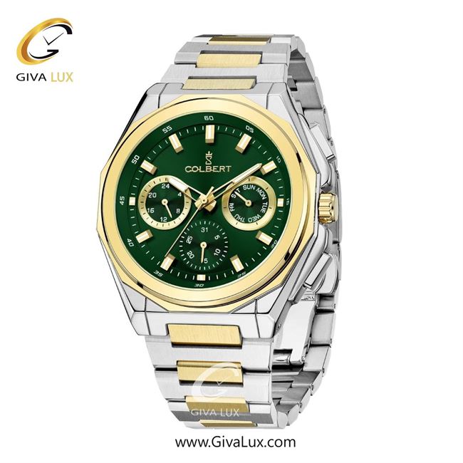 ساعت مچی اورجینال مردانه کلبرت COLBERT سه موتوره فول تایم طلایی | طلایی-نقره ای| سبز یشمی تیره| کد رفرنس 0287M