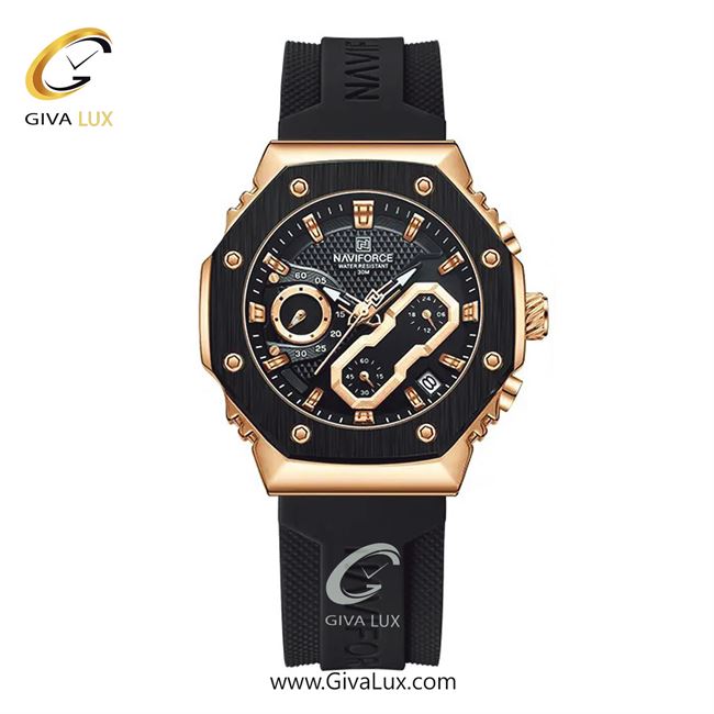 ساعت مچی اورجینال ناوی فورس زنانه سه موتوره کرنوگراف رزگلد | مشکی | مشکی | کد رفرنس NF8035-RG/B/B