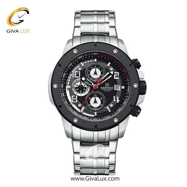 ساعت مچی اورجینال ناوی فورس مردانه سه موتوره کرنوگراف نقره ای-مشکی | نقره ای | مشکی | کد رفرنس NF8056-S/B/S