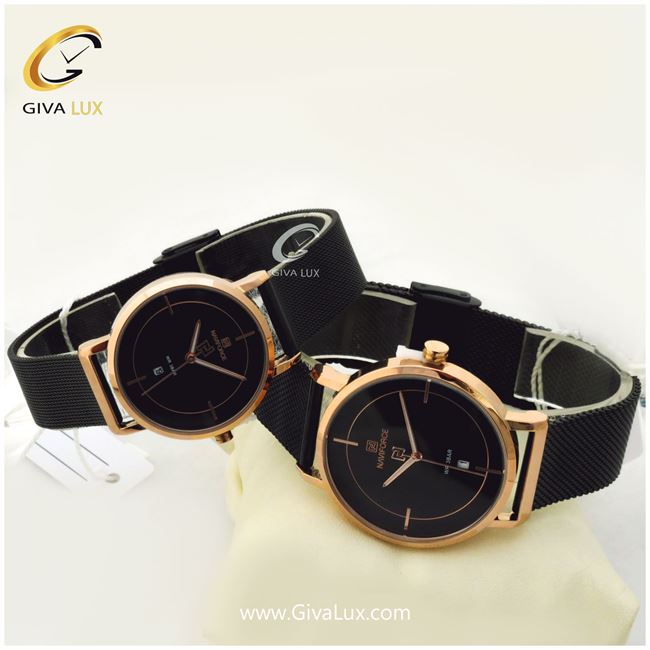 ست ساعت مردانه و زنانه بندحصیری مشکی مدلnf3009m